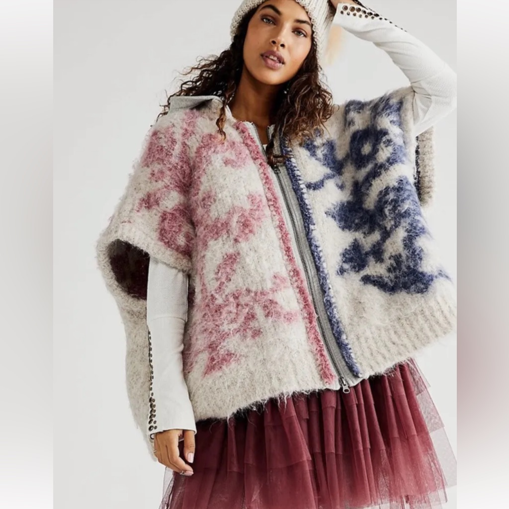 Free People Rare Thing Poncho Hooded Oversize Fuzzy Red Ivory Blue
